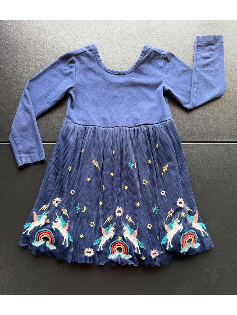 Hanna Andersson Girls 3T Magical Unicorn Embroidered Tulle Dress Navy Rainbow